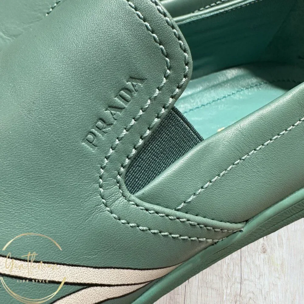 PRADA Sneakers Womans Leather Slip On EU SIZE 38.5 Blue/White/Green NWOT